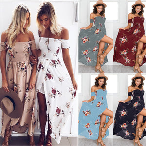 Lossky 2018 New Women Sexy Side Split Summer Dress Off Shoulder Vintage Print Maxi Dress Women Beach Dress Vestidos